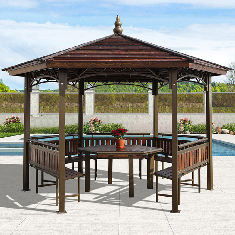 Outdoor new Chinese fiberglass tile log house courtyard terrace garden carbonized wood outdoor anti-corrosion wood pavilion hexagonal pavilion