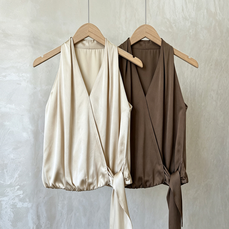 Design-Focused Heavy Sand-Washed Silk V-Neck Halter Top for Women, Luxurious and Elegant Mulberry Silk Waist-Cinching Blouse, Summer Tank Top