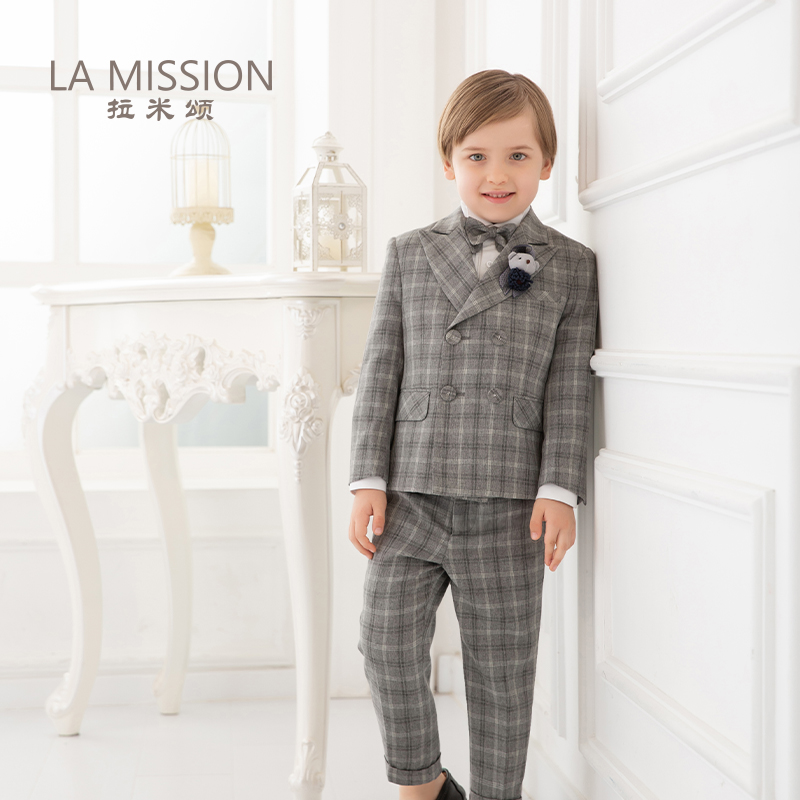 New gray and white plaid boy suit flower girl ceremony dress one-year-old birthday costume hosting piano model performance