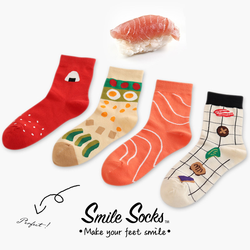 Japanese Food Series Salmon Salad Rice Ball Barbecue Prawn Creative Tube Socks