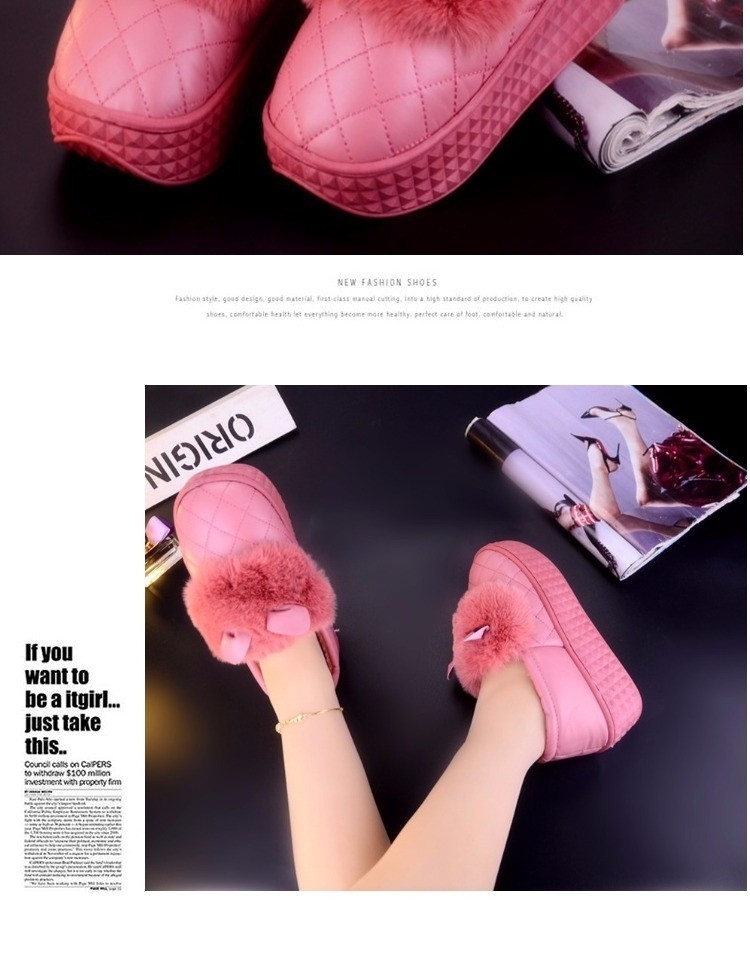 Dép cotton nữ mùa đông dày không thấm nước PU da cotton dễ thương Giày len dễ thương cao gót ấm thời trang nhà cotton mua dép
