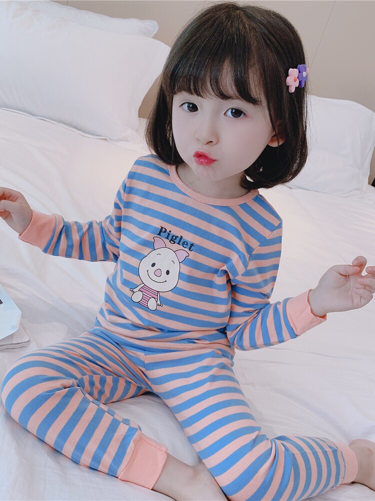 GIRLS STRIPED AUTUMN CLOTHES AND AUTUMN PANTS SET COTTON SPRING AND AUTUMN WINTER BABY GIRL UNDERWEAR TWO-PIECE SET CHILDRENS HOME WEAR TIDE