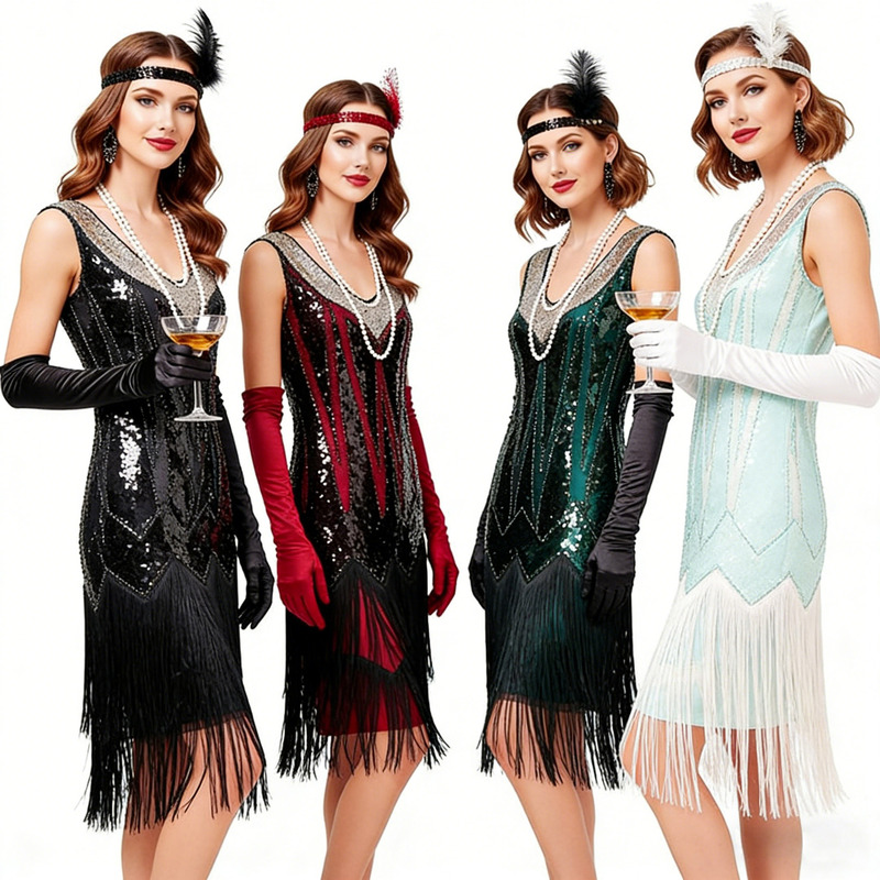 European and American Retro 1920S Vintage V-Neck Tassel Dress Gatsby Costume Latin Dance Ball Sequin Beaded Dress