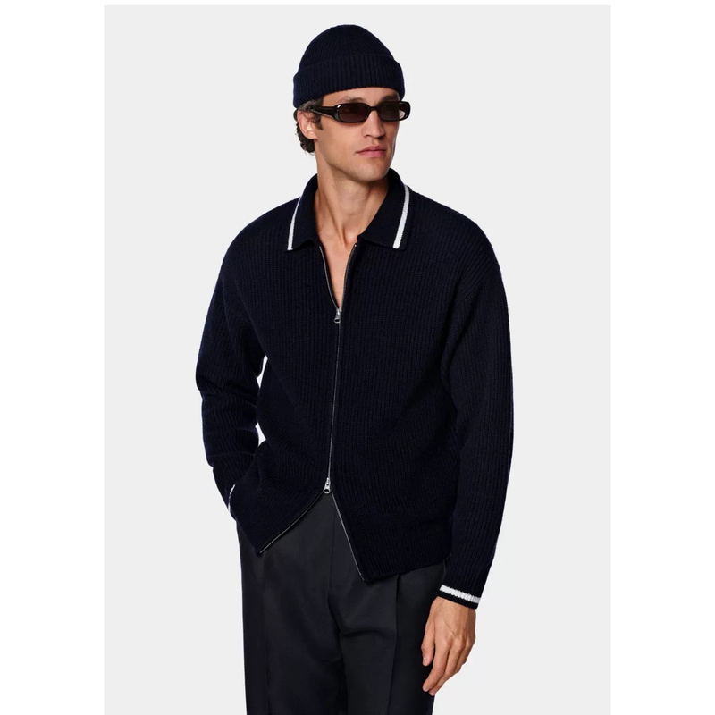[Machine Washable Pure Wool] 26 Autumn Thickened Navy Blue Lapel Zipper Wool Jacket Business Knitwear