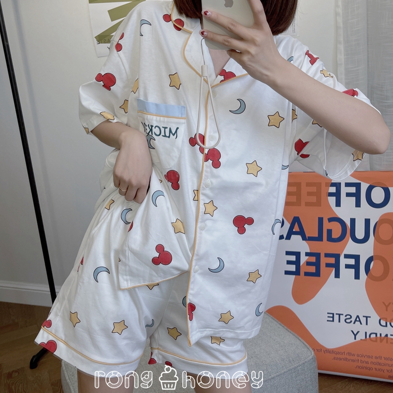 Japan Mickey Pajamas Woman Xia Pure Cotton New Cute in Wind Net Red Blow Home Clothing Set to Wear