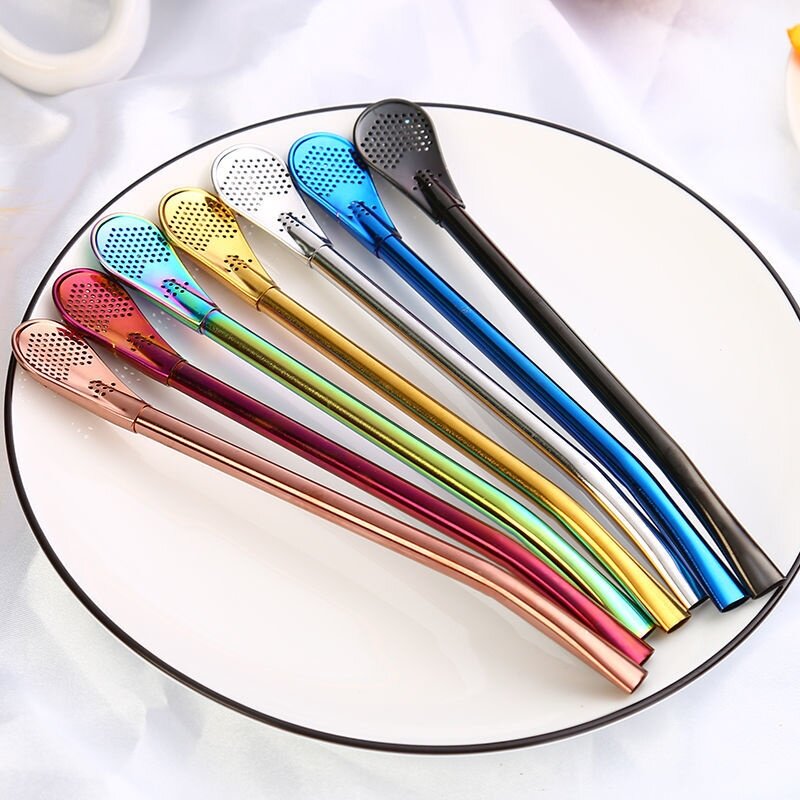 304 stainless steel lengthened straw spoon environmentally friendly and dual-use creative coffee milk tea stirring spoon juice filter Drinking tube