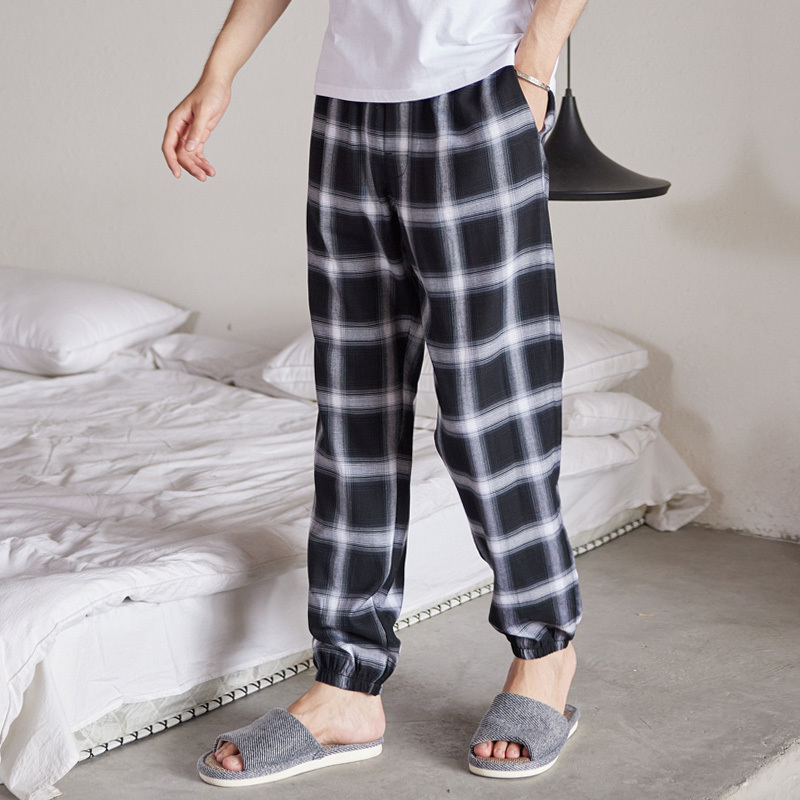 Summer Men's Pajama Pants, Pure Cotton Long Pants, Oversized Loose Plaid Home Pants, Can Be Worn Outside, Cuffed, All-Cotton Sleep Air-Conditioning Pants