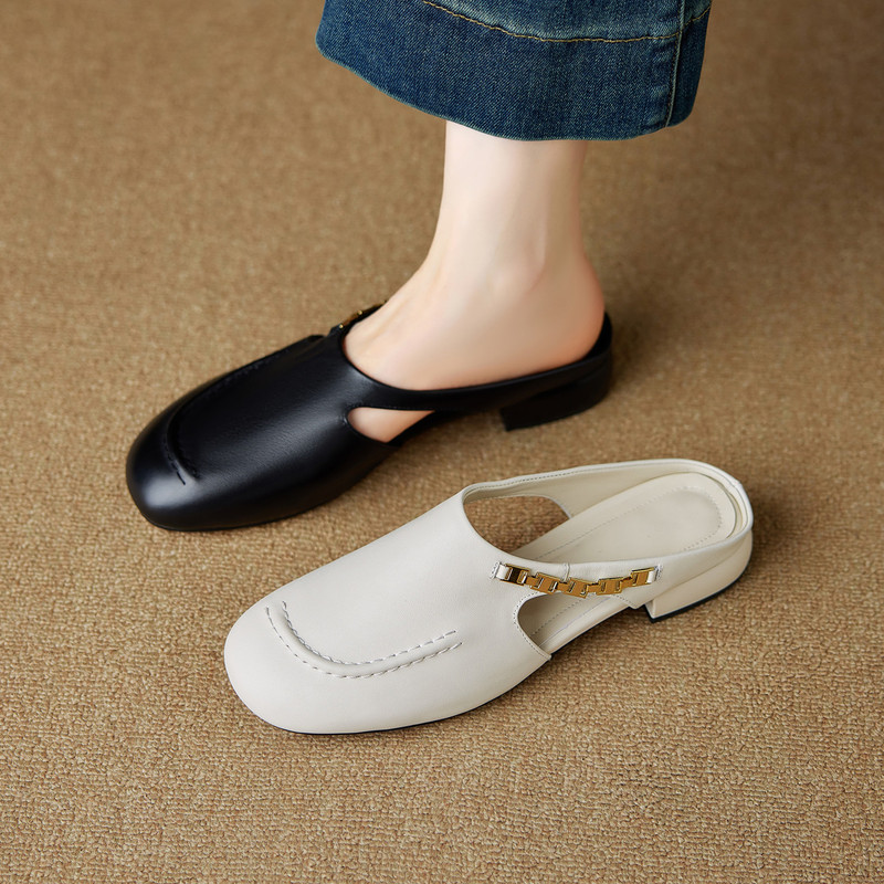 2026 New Style Genuine Leather Closed-Toe Half-Slipper for Women, Flat-Soled, Suitable for Pregnant Women, Full Leather Sandals, Mid-Heel, T-Strap Leather Slippers