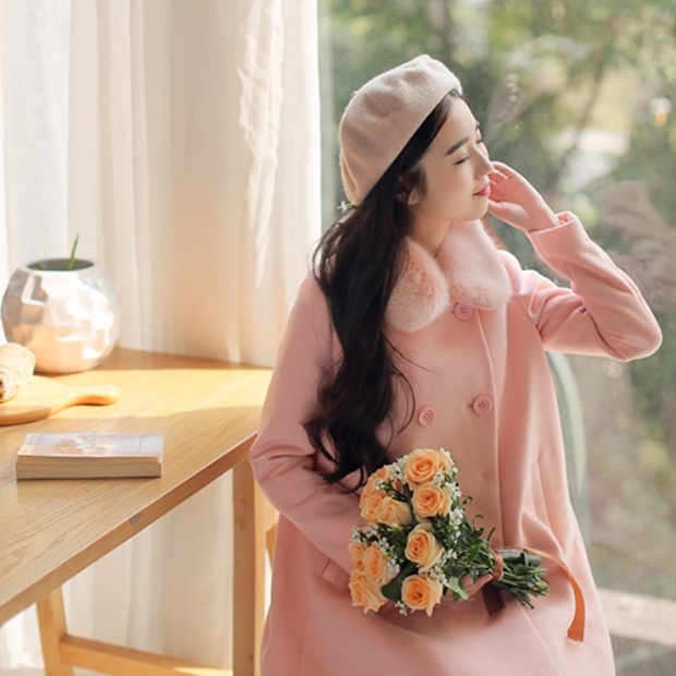 Ngọt ngào có thể tháo rời cổ áo lông dài áo khoác len nữ A-line áo khoác nữ kaki