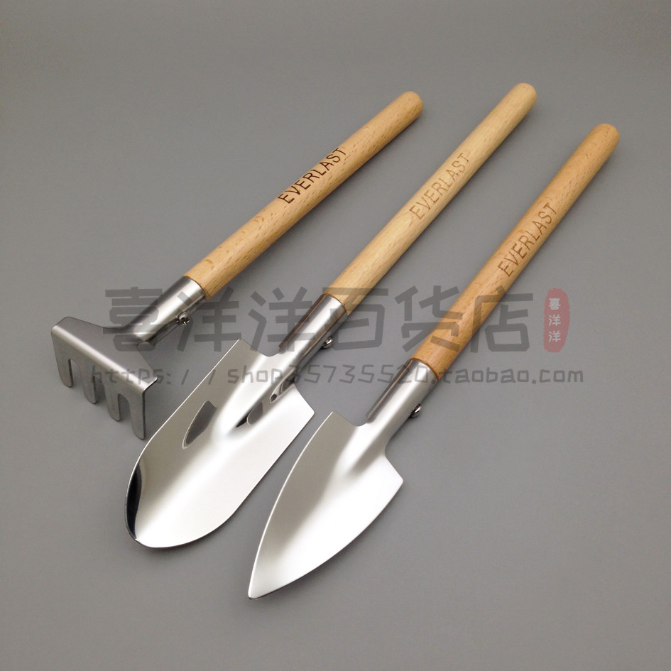 Flower pot with beech handle stainless steel gardening mini three-piece set Succulent floret spatula rake garden tool