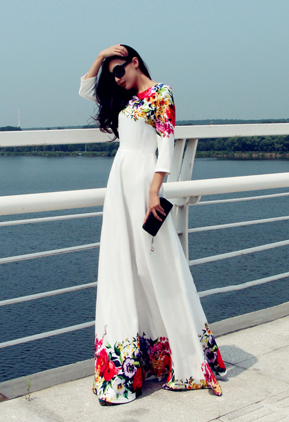 Occident and the United States Polyester printing Women's clothing (Beige white -2XL)NHYF1114