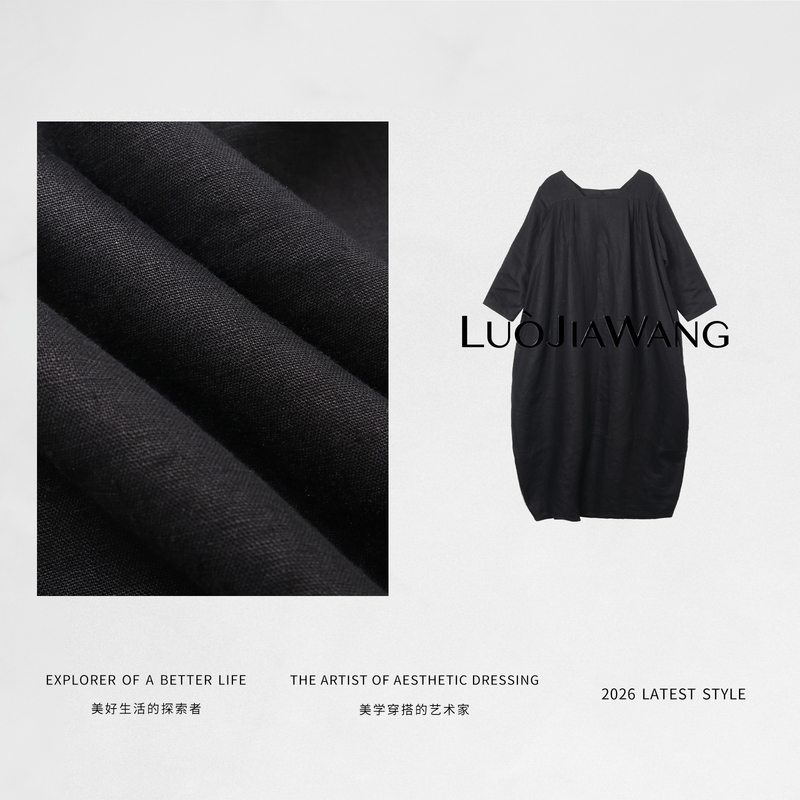 100% Linen Artistic Style Back Pleated Small Square Neck Design Lazy Style Black Dress Luojiawang