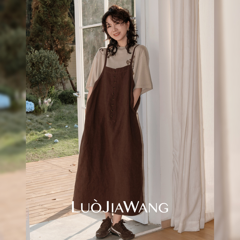 Linen Women's Loose A-Line Linen Dress Sleeveless Slip Dress Artistic Style Outerwear Suspender Dress Linen Material Lazy Style