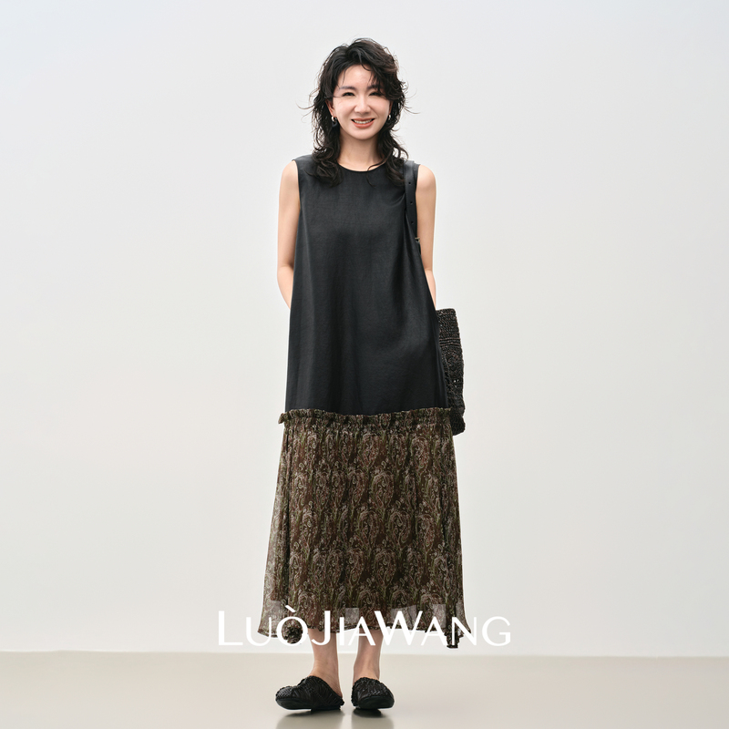 Luojiawang丨100% Mulberry Silk Xiangyun Fabric New Chinese Style Patchwork Dress for Women, Slimming and Flowy Dress