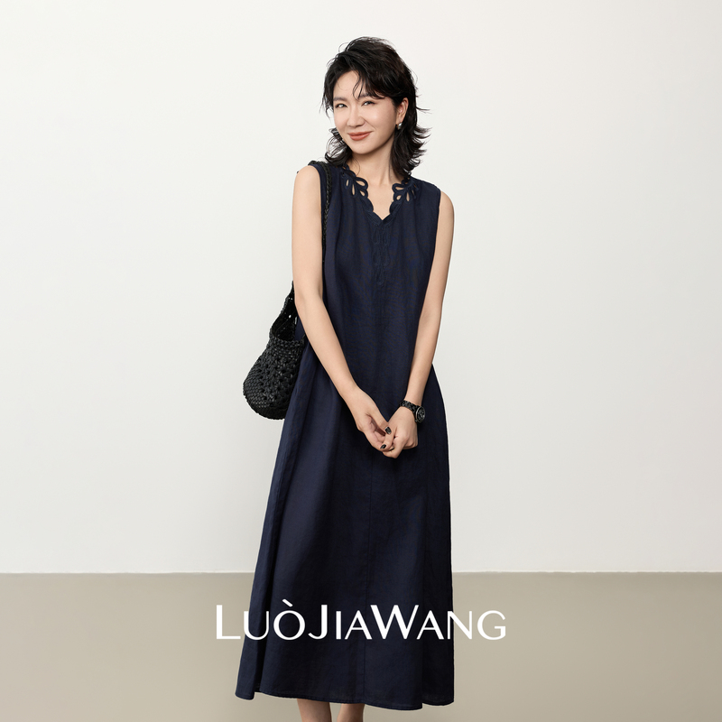 Luojiawang丨100% Linen Old Money Style Sleeveless Dress for Women with Hollow Embroidery Design Casual Long Dress for Summer