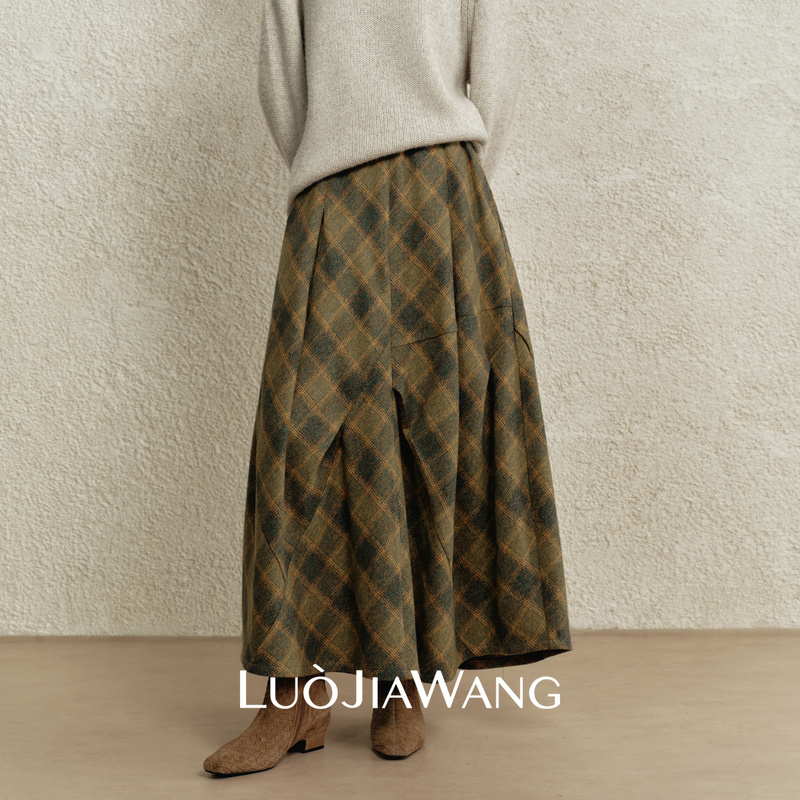 Moss Green Windsor丨Luojiawang丨Plaid A-Line High-End Exquisite Artistic Irregular Skirt for Women Spring