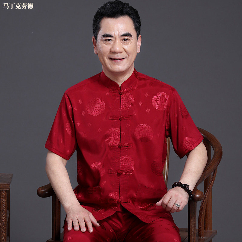 Summer middle-aged and elderly Tang men's short sleeve suit Chinese thin grandpa outfit large size wedding wish dad summer wear