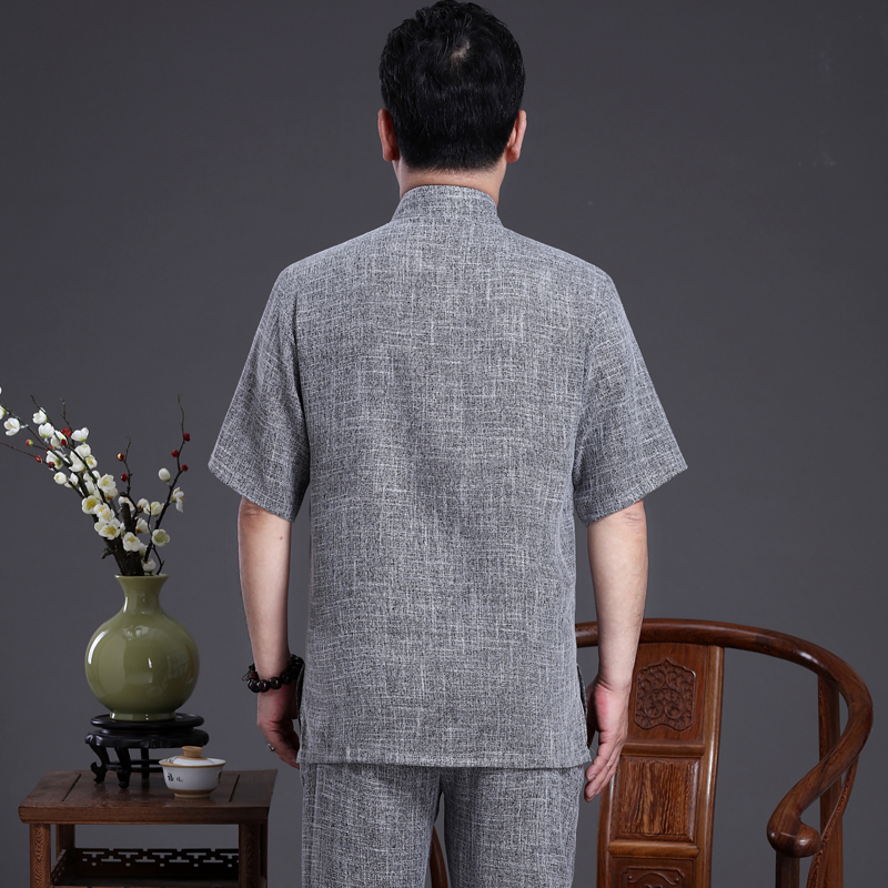 Bông vải quần áo ngắn tay Tang người đàn ông trong bộ đồ nhà mùa hè cũ retro phong cách Trung Quốc lanh mỏng váy cha