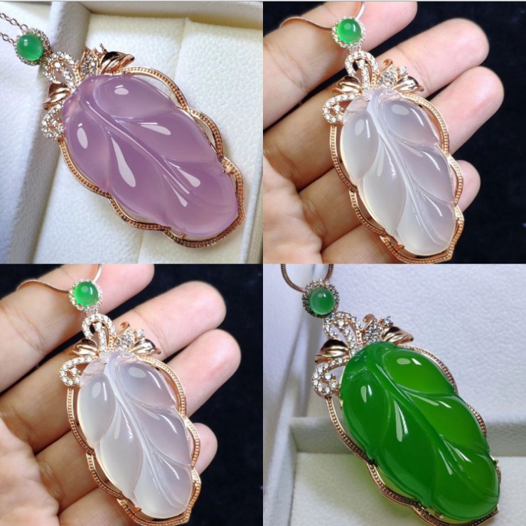 Gao Bing 925 silver rose gold inlaid luxury green and white powder chalcedony leaf pendant gold branch jade leaf net red