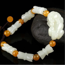Natural Hetian jade green and white jade men and women Lotus jade bracelet hand string bucket bead jewelry Jade
