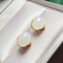 Natural Hetian Jade fashion simple women 925 silver inlaid gold white jade flower earrings earrings stud earrings
