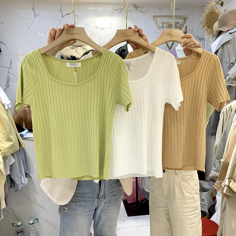 2021 spring summer new item Korean style temperament casual fashion wild thin pullover short-sleeved t-shirt ice silk knitwear women