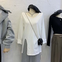 Early autumn new wild fashion Korea Dongdaemun casual personality sweet pure cotton long-sleeved V-slit bottom top