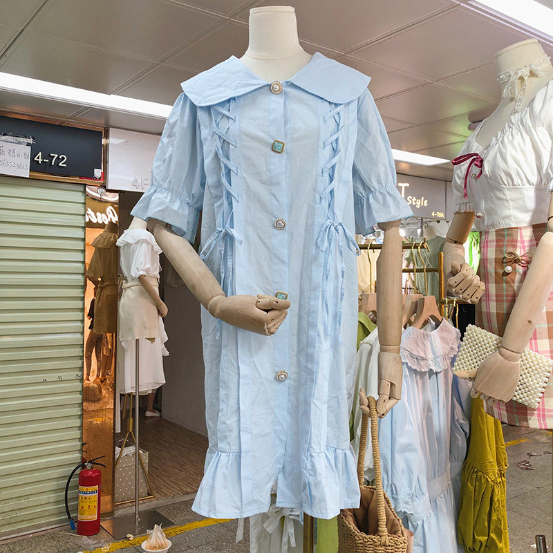 2021 summer new Korean version shows thin and wild sweet large lapel tie single breasted ruffle loose dress