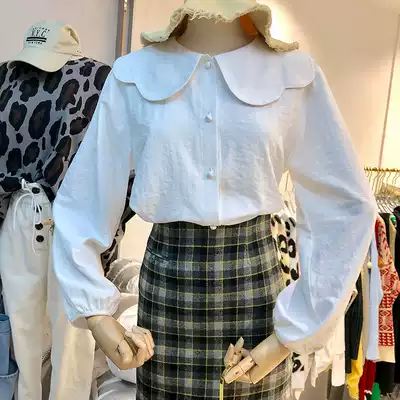 Solid color age reduction lapel collar sweet doll collar single-breasted long sleeve shirt female Han Fan loose college style shirt