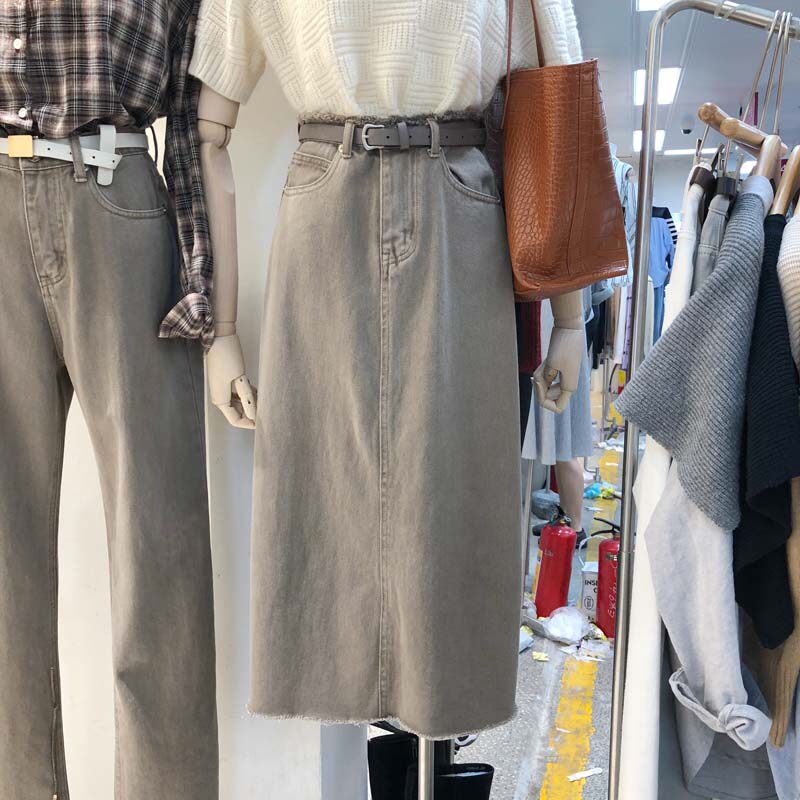 2022 Korea East gate Pure color a half skirt Spring new Slim Fit High Waist Denim half body dress Long version of women