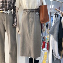 2021 Korea Dongdaemun solid color a-line skirt Autumn new thin high-waisted denim skirt medium-long female