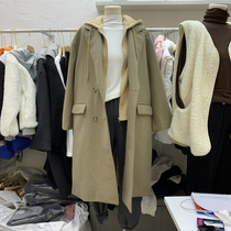 Autumn new fake two woolen cotton loose and versatile trend Korea East Gate womens hooded long coat