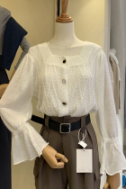 2021 autumn new South Korea Dongdaemun womens fashion long-sleeved knitted flared sleeve square collar single-breasted cardigan