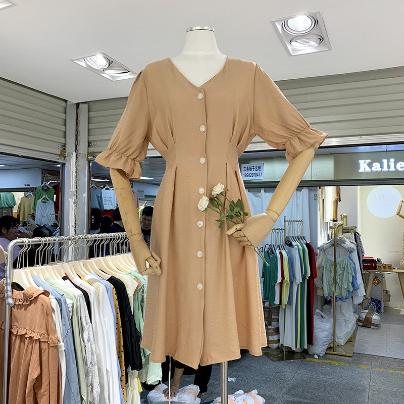 2021 spring summer new item Korean version solid-color simple high-waisted V-neck flared sleeves medium-length straps a row of buttons dress