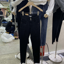 Autumn new two-button high waist Joker age age reduction Korea East Gate denim plus velvet slim-legged womens trousers