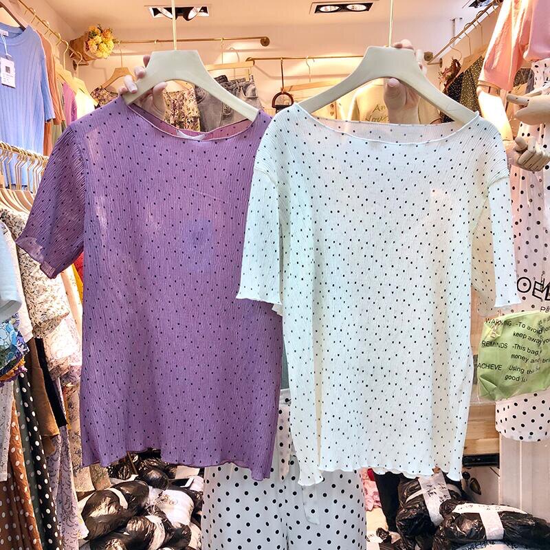 2021 spring summer new item temperament Korean sweet small wave point ear edge short-sleeved pullover T-shirt slim thin womens clothing