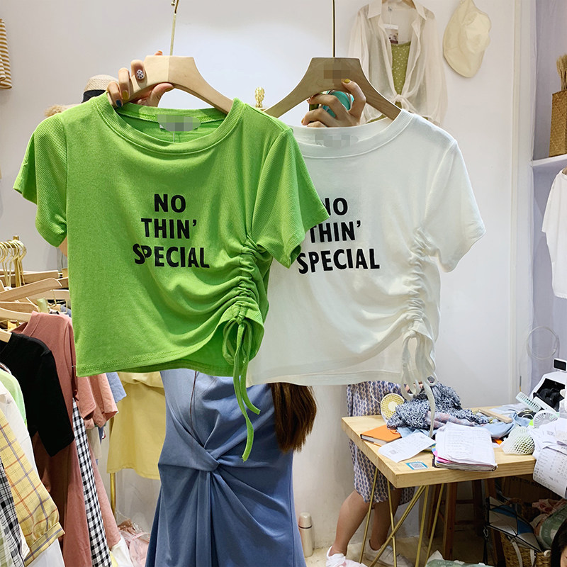 2021 spring summer new item Korean casual joker thin crew neck pullover drawstring letter loose short-sleeved T-shirt women