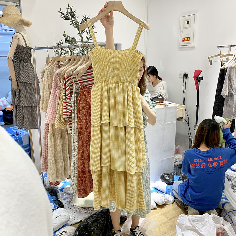 2021 summer new Korean version of temperament suspender plaid fashion wild thin loose version casual cake dress