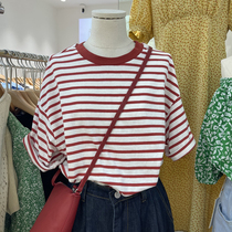 South Korea Summer Short Sleeve T-shirt 100 Hitch Lady Net Color Striped Hit color round collar loose Thin Slimmer Jacket T