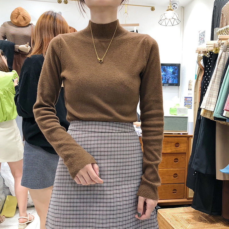 Autumn and winter net color half high collar temperament long sleeve body sweaters undershirt pure color knit Korea East gate blouses women's clothing