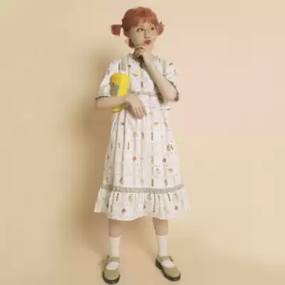 Alien society original good health series Summer full printing fresh yellow and green vertical plaid wrinkled green lace dress