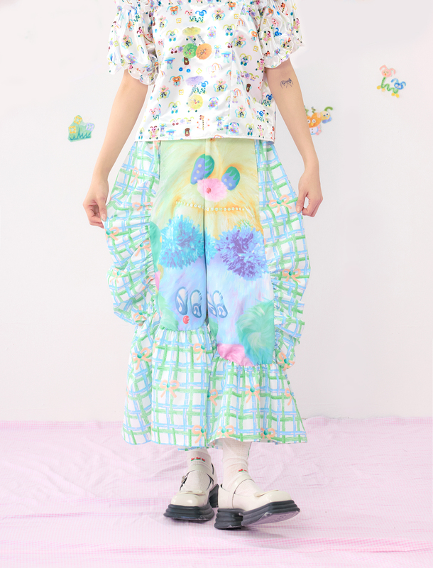Helphelp Alien Society Colorful Plaid Print Cute Loose Oversized Lace Straight-Leg Cropped Pants Helphelp Alien Society Colorful Plaid Print Cute Loose Oversized Lace Straight-Leg Cropped Pants