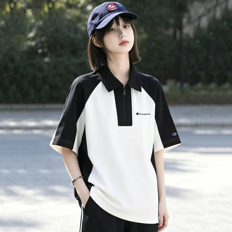 Champion Color-Block Polo Shirt Short-Sleeve T-Shirt Women's Summer Wear 2026 New Style College Style Loose Half-Sleeve Couple Tops