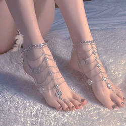 Sexy anklet ສາວລະດັບ exotic ແບບ retro exotic ການຄວບຄຸມຕີນ tassel ແຖບໂລຫະກັບຄືນໄປບ່ອນ COS ເລຊວົງແຫວນ