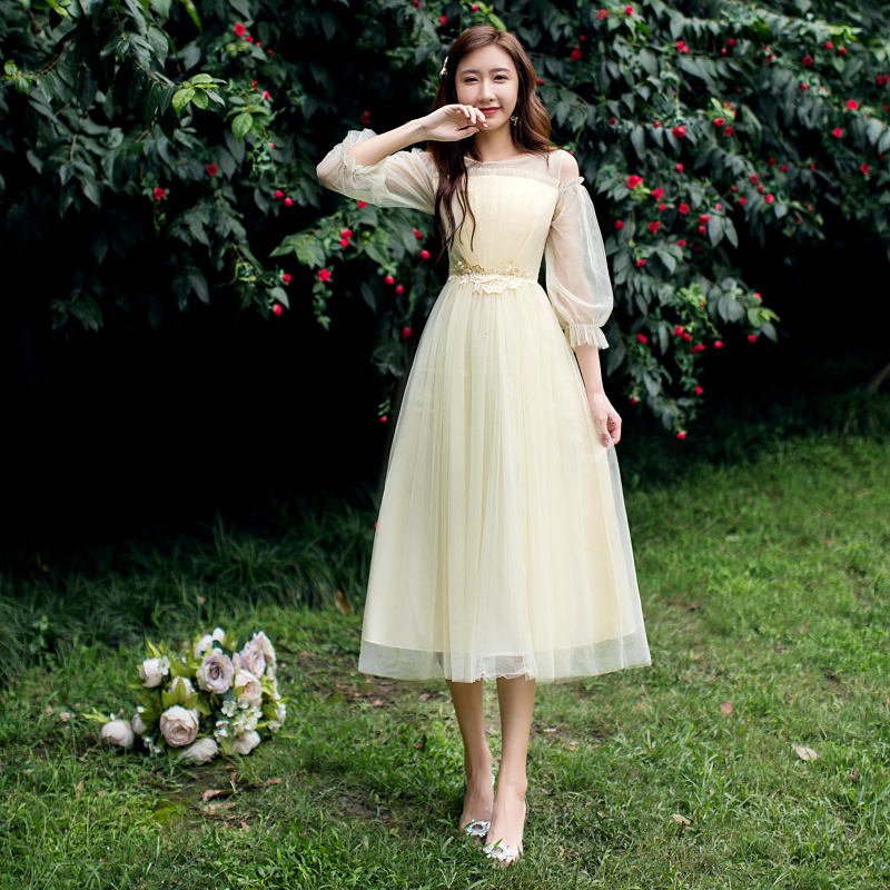  XL (110-138 catties)+Long, champagne color, puff sleeves, mid-length   + $7.26 