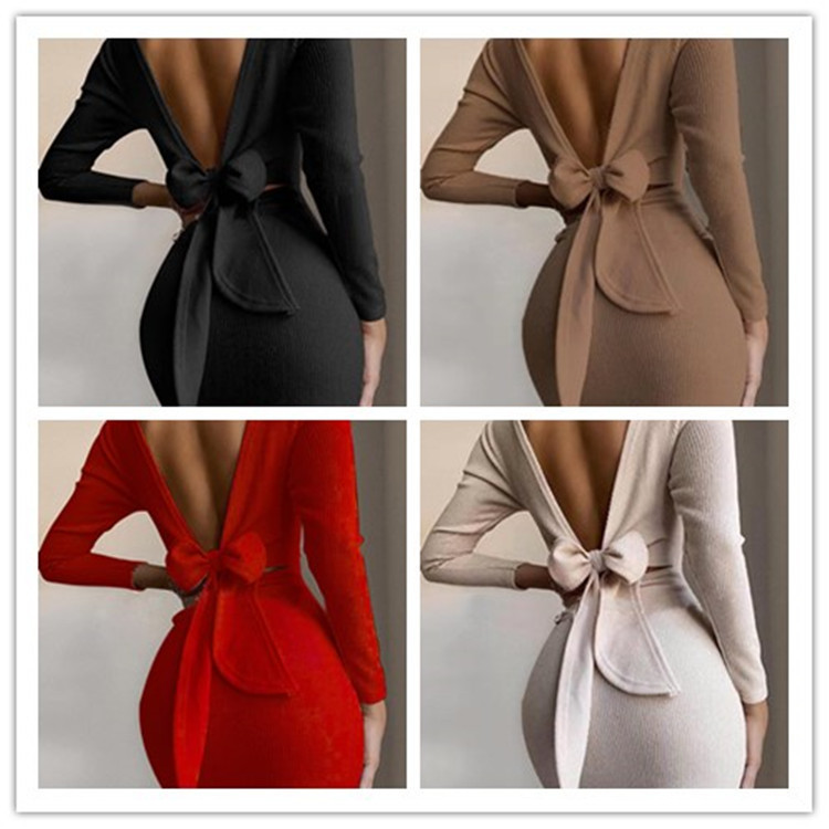 2021 New Foreign Trade Style European and American Cross-Border Independent Website Ebay Independent Website Bow-Tie Backless Long-Sleeve Mini Dress 2021 New Foreign Trade Style European and American Cross-Border Independent Website Ebay Independent Website Bow-Tie Backless Long-Sleeve Mini Dress