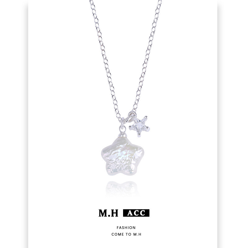 Natural Freshwater Baroque Pearl Five-Pointed Star Sparkling Diamond Lucky Star Necklace for Women, Popular Red Exquisite Collarbone Chain