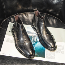 Inglées Mens boots genuine leather carved Bloc leather boots Chelsea Short boots High helping mens shoes Korean version pointed Martin boots man