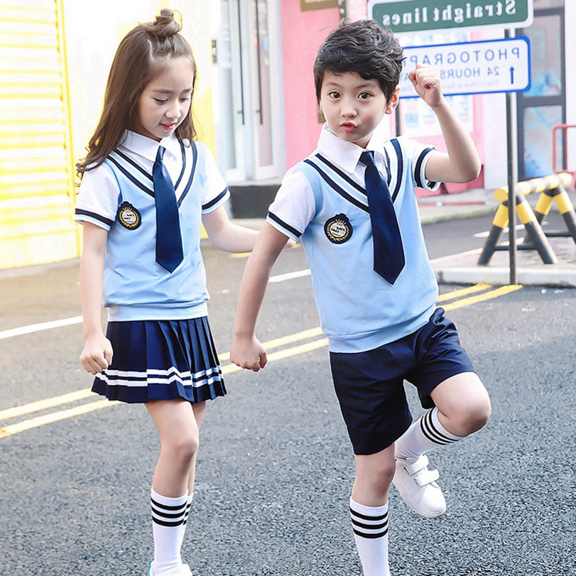 Summer primary school uniforms short sleeve suit first grade blue yellow kindergarten Grand class class uniforms Inn College Wind