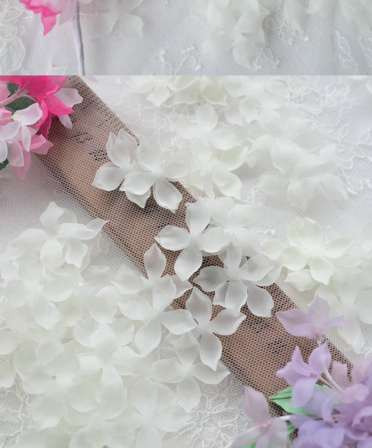 100 Stück. DIY Handgemachtes 3D-Blumenmaterial für Hochzeitskleider, Pyrographie- und Jeansgarn, Materialien für Kopfbedeckungen, Weiß und Rosa, RS247 – Detail 22